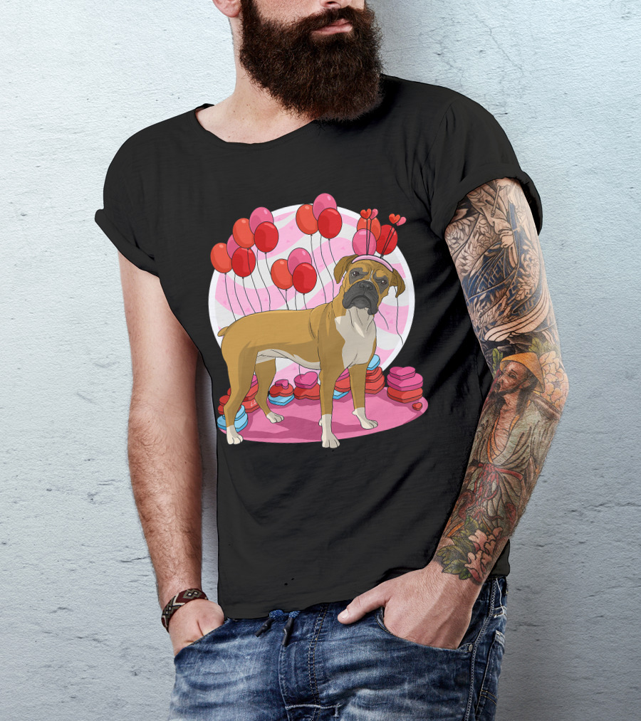Boxer Dog With Heart Antlers And Balloons Valentine Decor T-Shirt