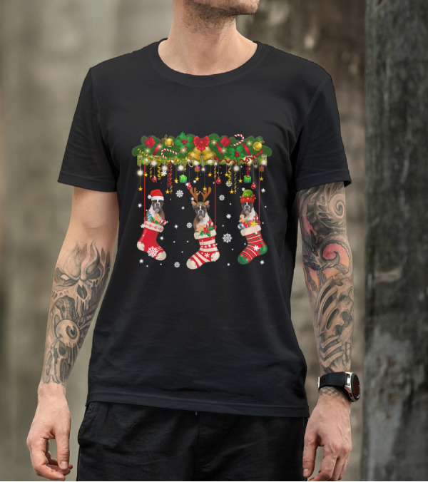 Boxer Dog In Christmas Stocking Santa Hat Reindeer Antlers Santa EL T-Shirt