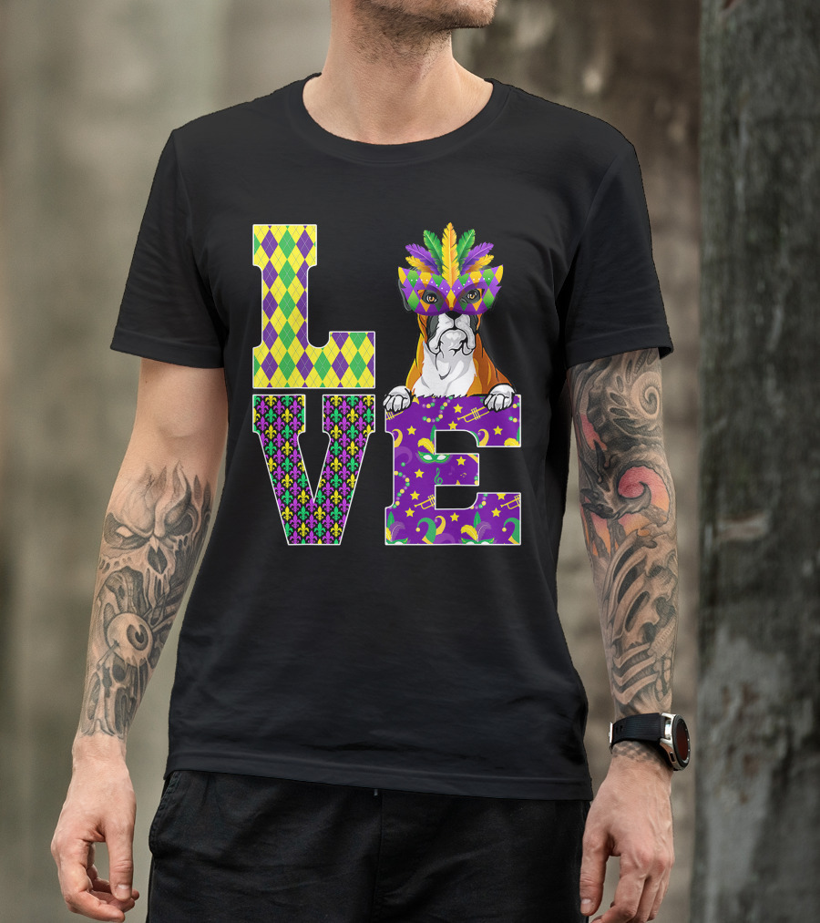 Boxer Dog Lover Mardi Gras Costume Mask Fleur De Lis Pattern Love T-Shirt