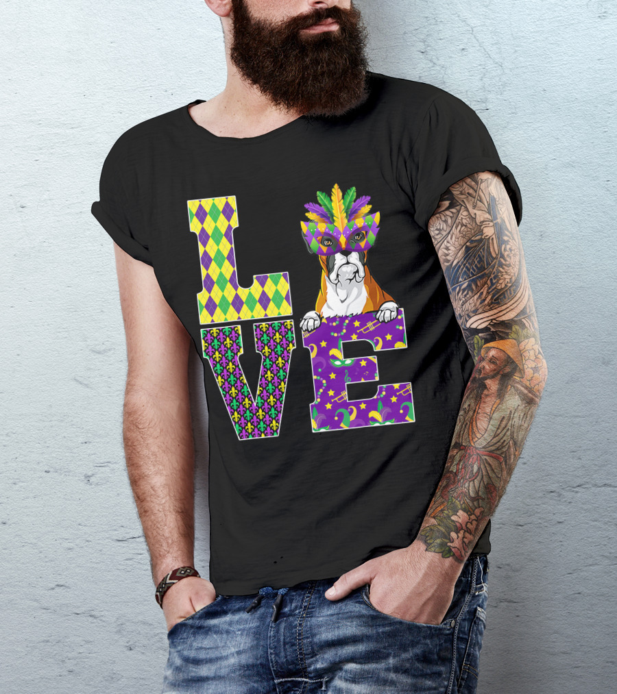 Boxer Dog Lover Mardi Gras Costume Mask Fleur De Lis Pattern Love T-Shirt