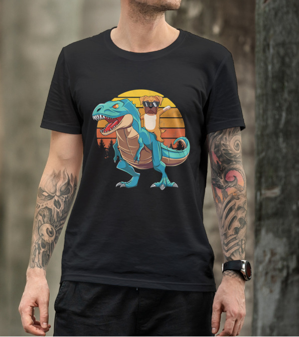 Boxer Dog Riding Dinosaur Rex Boys Girl Sunglasses Sunset T-Shirt