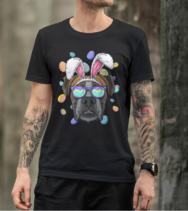 Boxer Dog With Bunny Ears And Sunglasses Surrounded By Colorful Easter Eggs T-Shirt