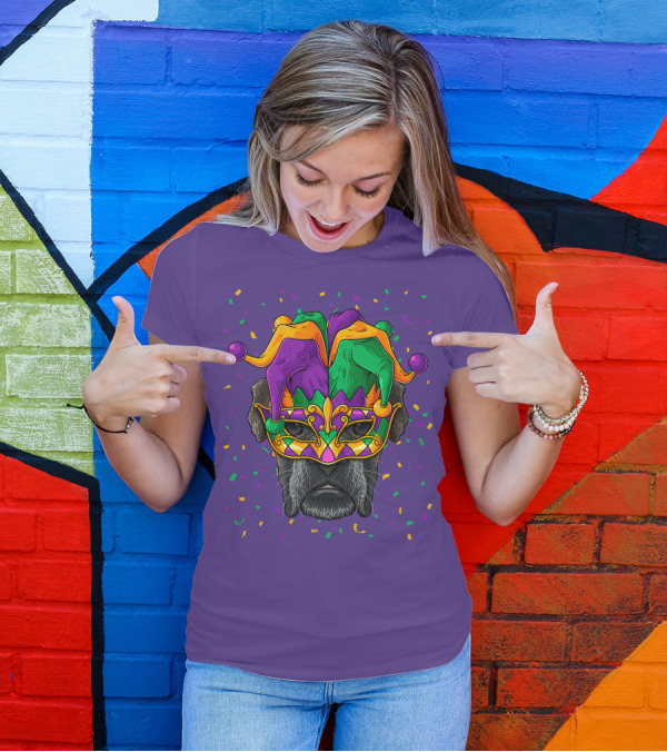 Carnival King Boxer Dog Wearing Jester Mask With Confetti T-Shirt