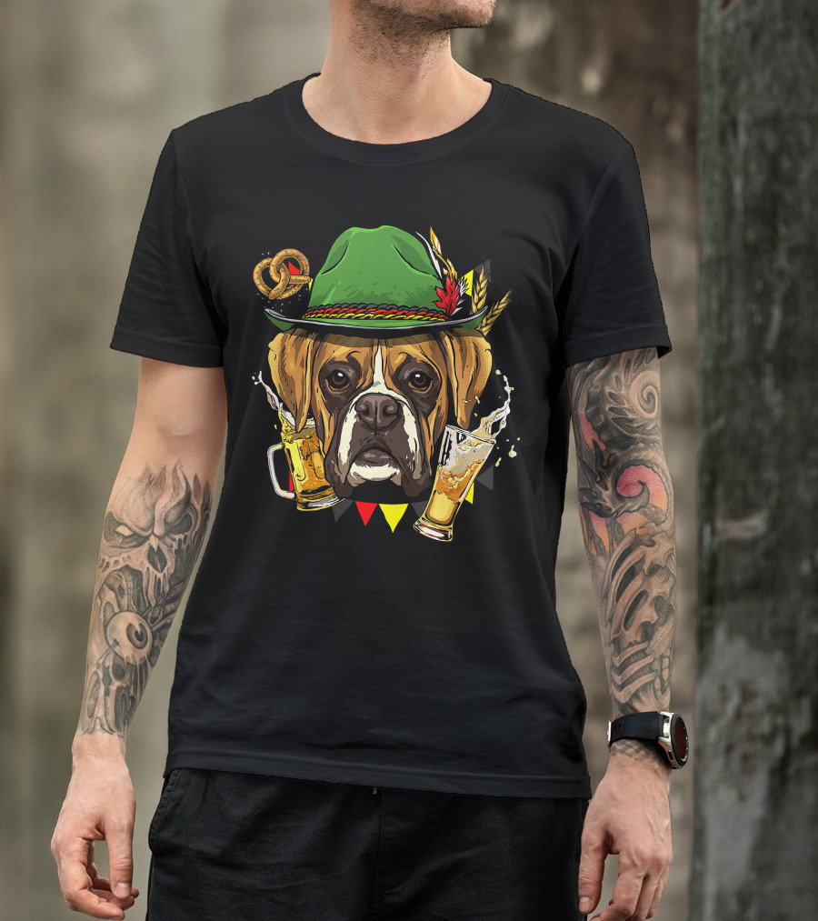 Oktoberfest Boxer Dog Lederhosen Beer Pretzel Hat T-Shirt