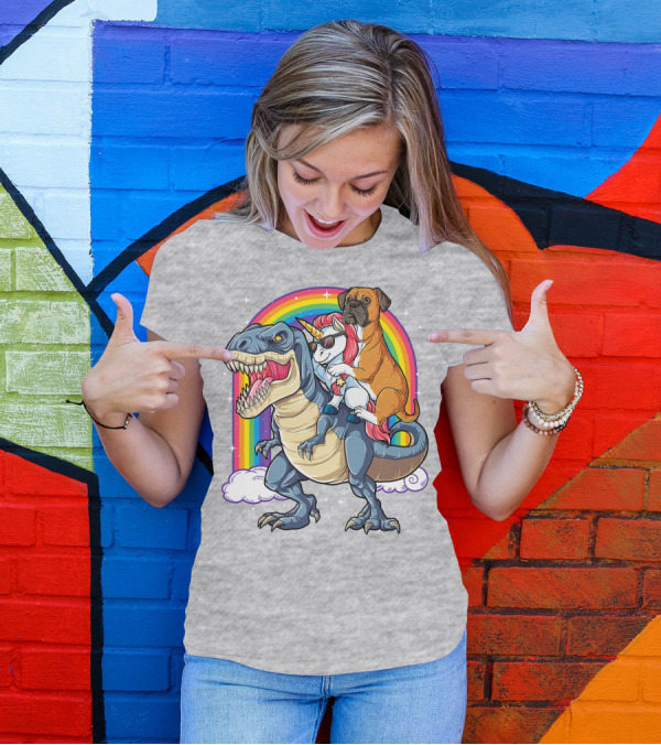 Boxer Riding Dinosaur Unicorn T-Shirt