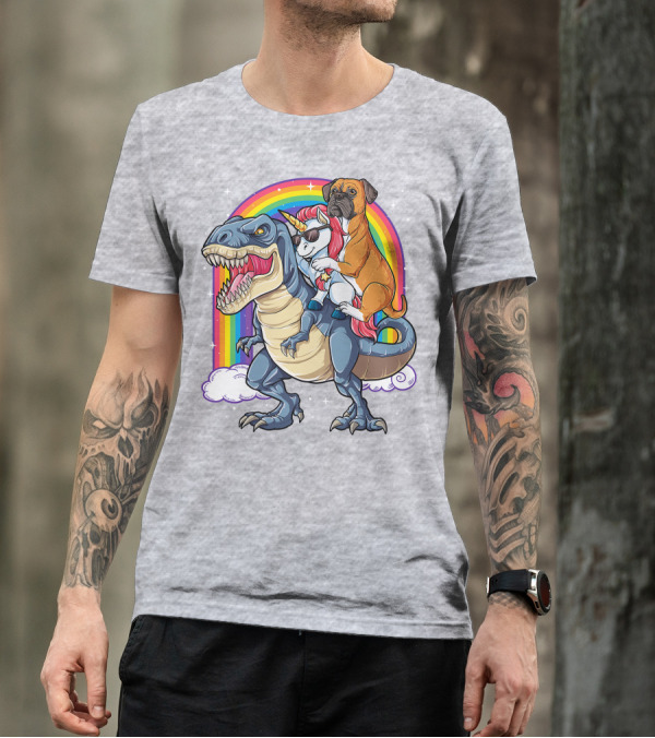 Boxer Riding Dinosaur Unicorn T-Shirt