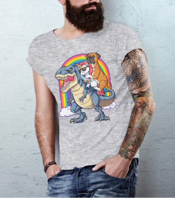 Boxer Riding Dinosaur Unicorn T-Shirt