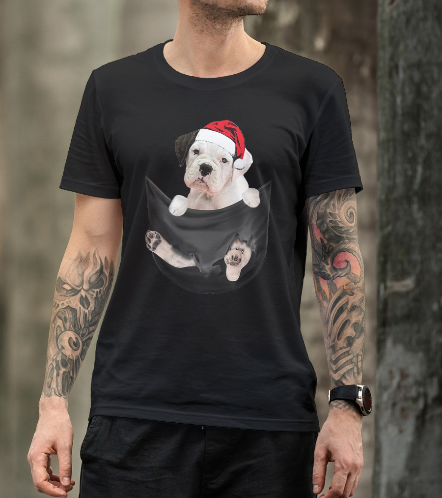 White Boxer Dog Santa Hat Christmas Pocket Mid-Length T-Shirt