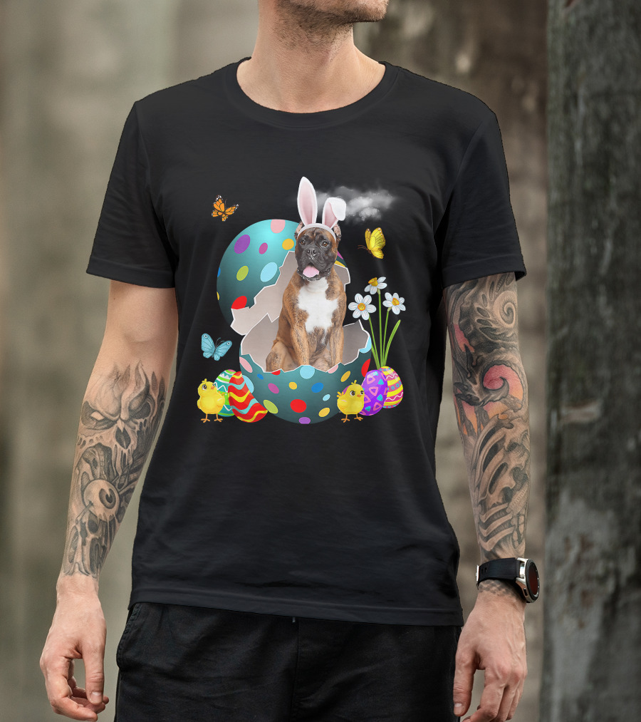 Bunny Boxer Dog With Easter Eggs Chicks Butterflies And Flowers T-Shirt