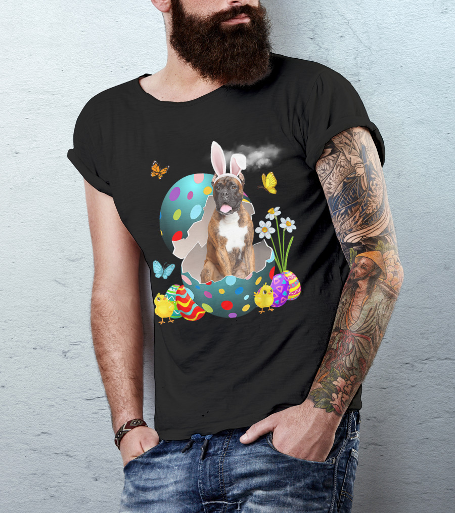 Bunny Boxer Dog With Easter Eggs Chicks Butterflies And Flowers T-Shirt