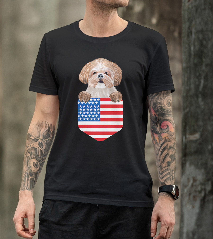 Shih Tzu Dog In American Flag Pocket T-Shirt
