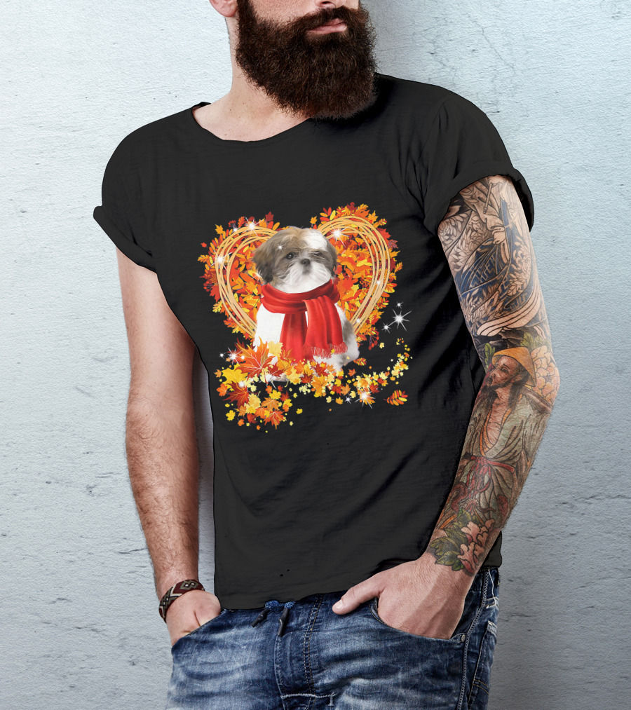Baby Shih Tzu Love Autumn Fall Season With Heart Leaves T-Shirt