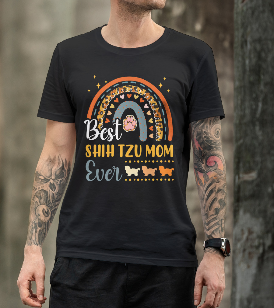 Shih Tzu Mom Ever Paw Print Rainbow Hearts T-Shirt