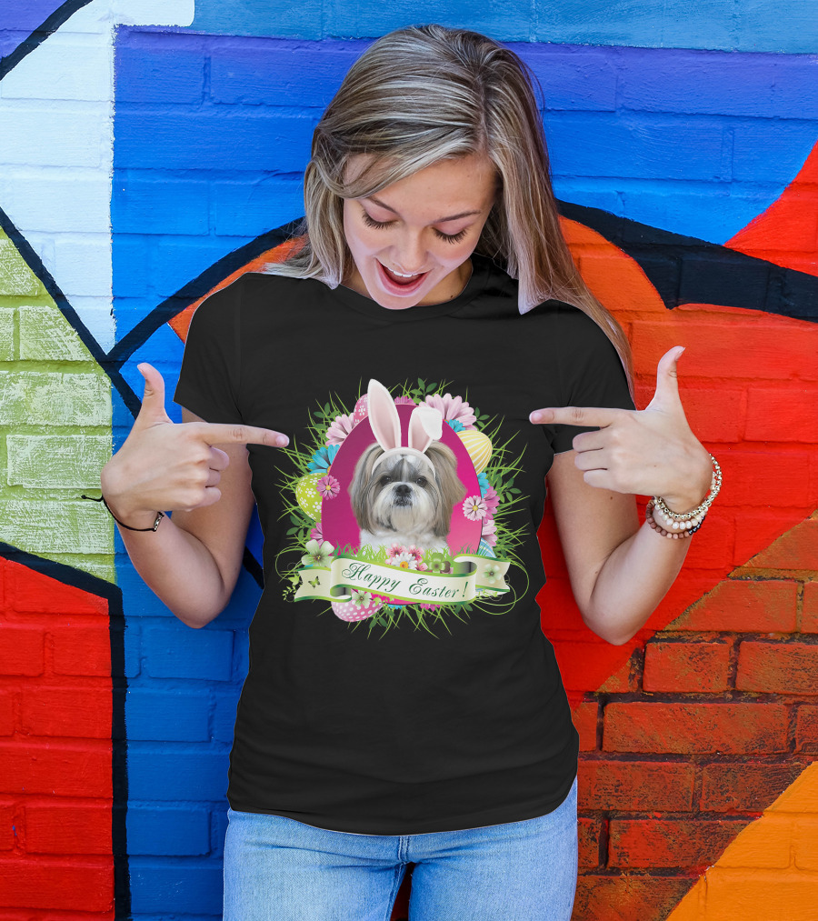 Happy Easter Bunny Shih Tzu Dog With Flowers And Eggs T-Shirt