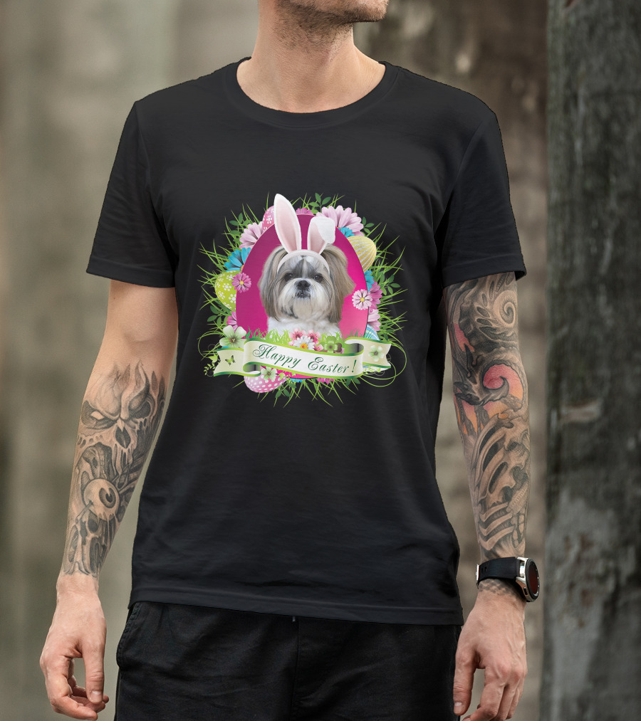 Happy Easter Bunny Shih Tzu Dog With Flowers And Eggs T-Shirt