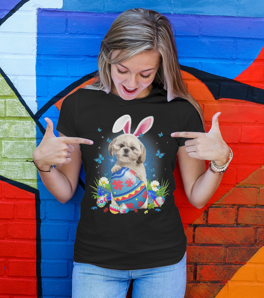 Easter Bunny Shih Tzu With Egg Basket And Flowers T-Shirt