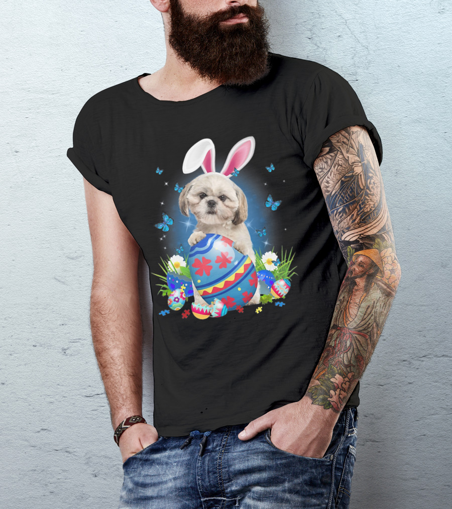 Easter Bunny Shih Tzu With Egg Basket And Flowers T-Shirt