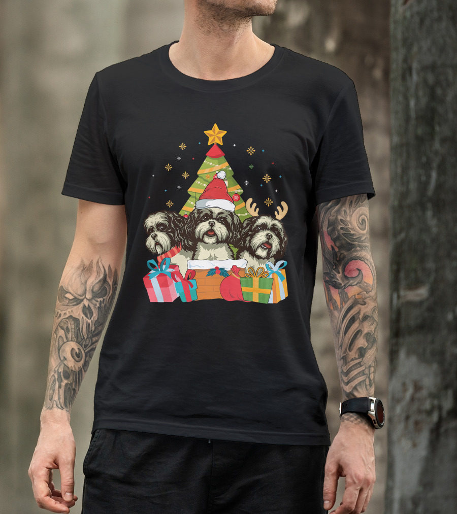 Christmas Shih Tzu Dogs With Santa Hat And Antlers By Xmas Tree T-Shirt