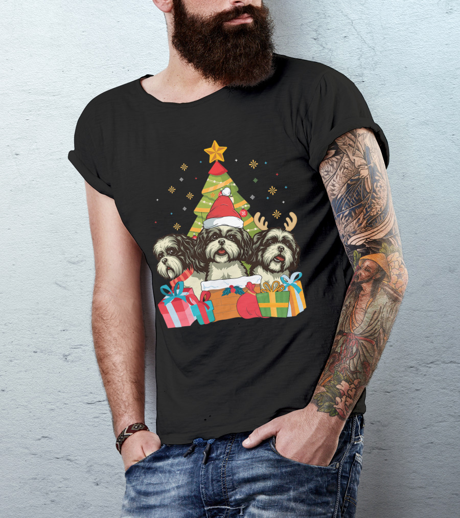Christmas Shih Tzu Dogs With Santa Hat And Antlers By Xmas Tree T-Shirt