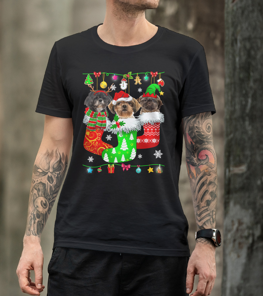 Christmas Shih Tzu Dogs In Festive Holiday Socks Pajama Lover T-Shirt