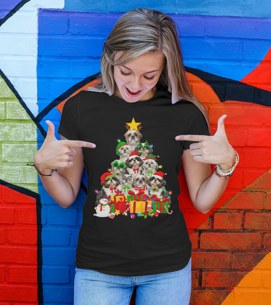 Christmas Tree Puppy Love Shih Tzu Dog Xmas Lights T-Shirt