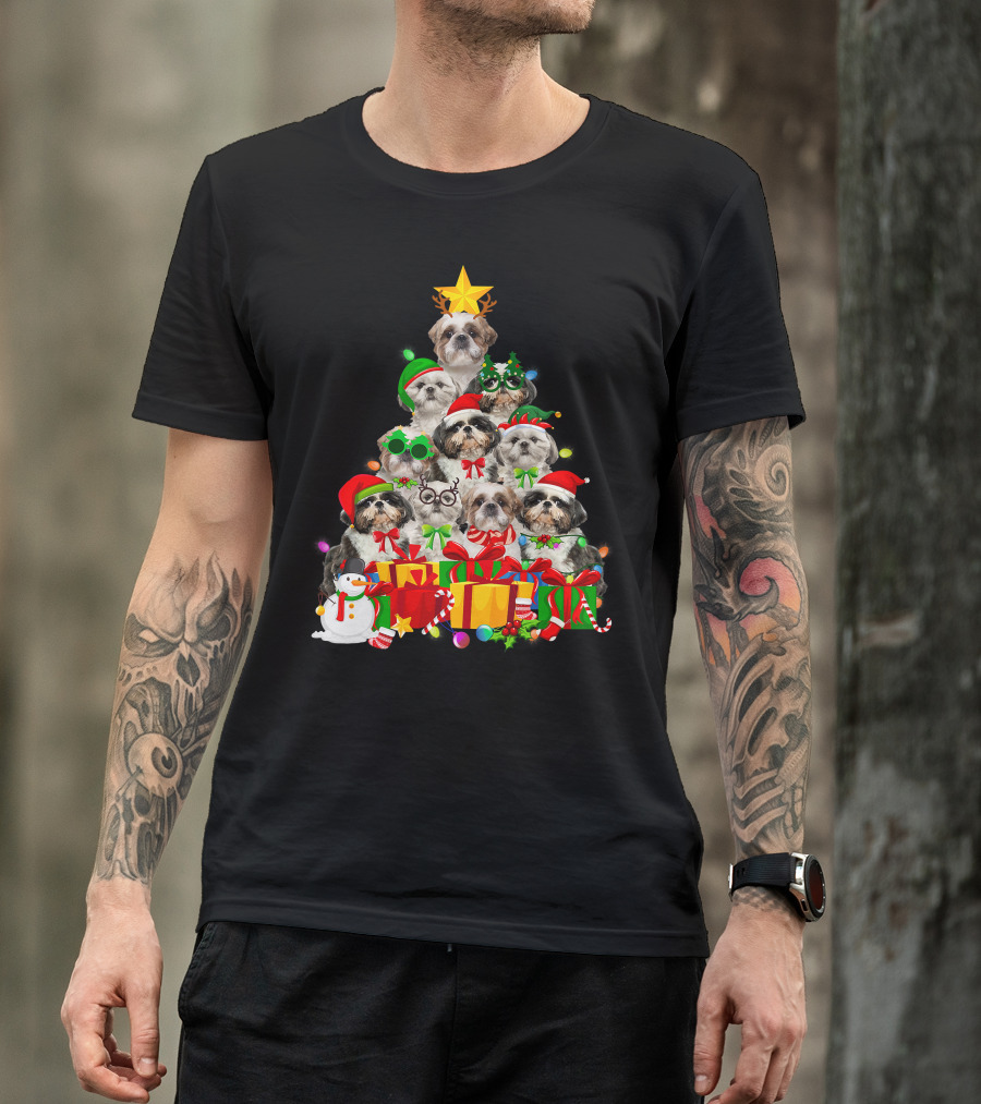 Christmas Tree Puppy Love Shih Tzu Dog Xmas Lights T-Shirt