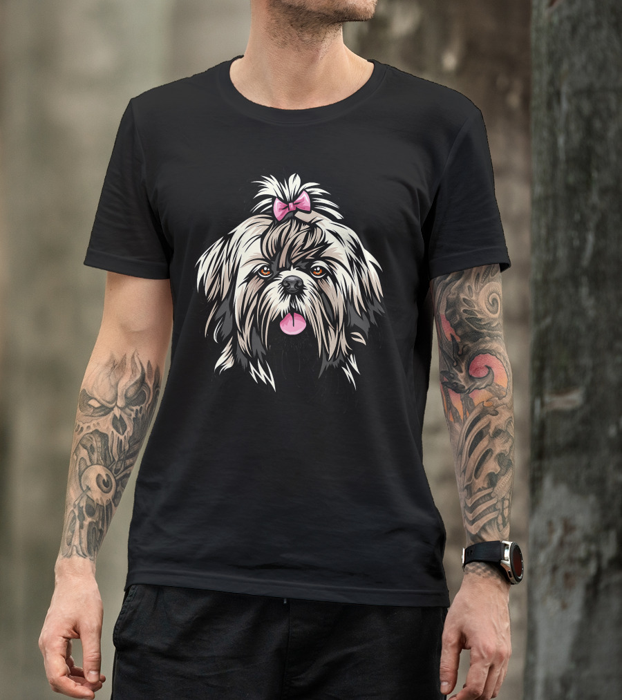 Cool Shih Tzu Face Pink Bow Cartoon T-Shirt