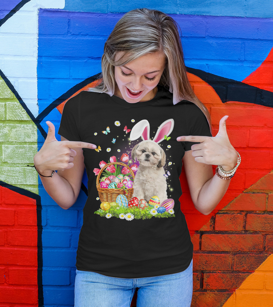 Shih Tzu Bunny Ears With Easter Eggs And Flower Basket T-Shirt