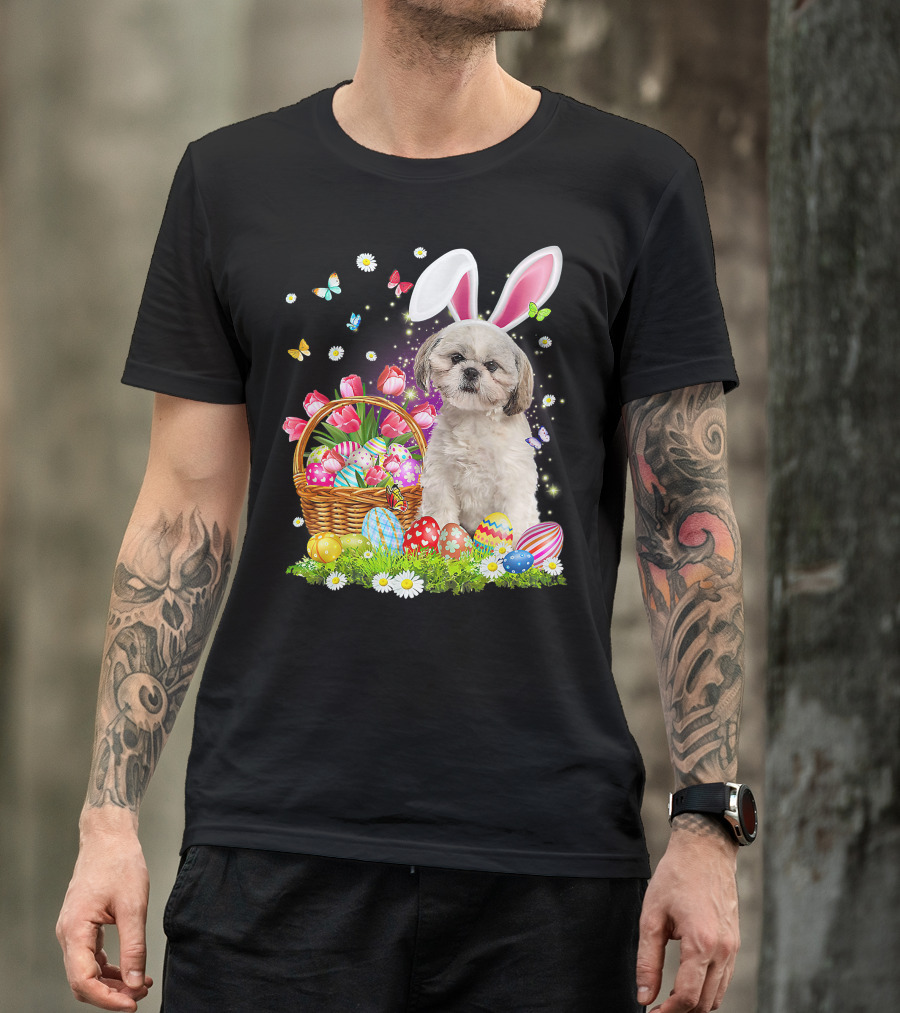 Shih Tzu Bunny Ears With Easter Eggs And Flower Basket T-Shirt