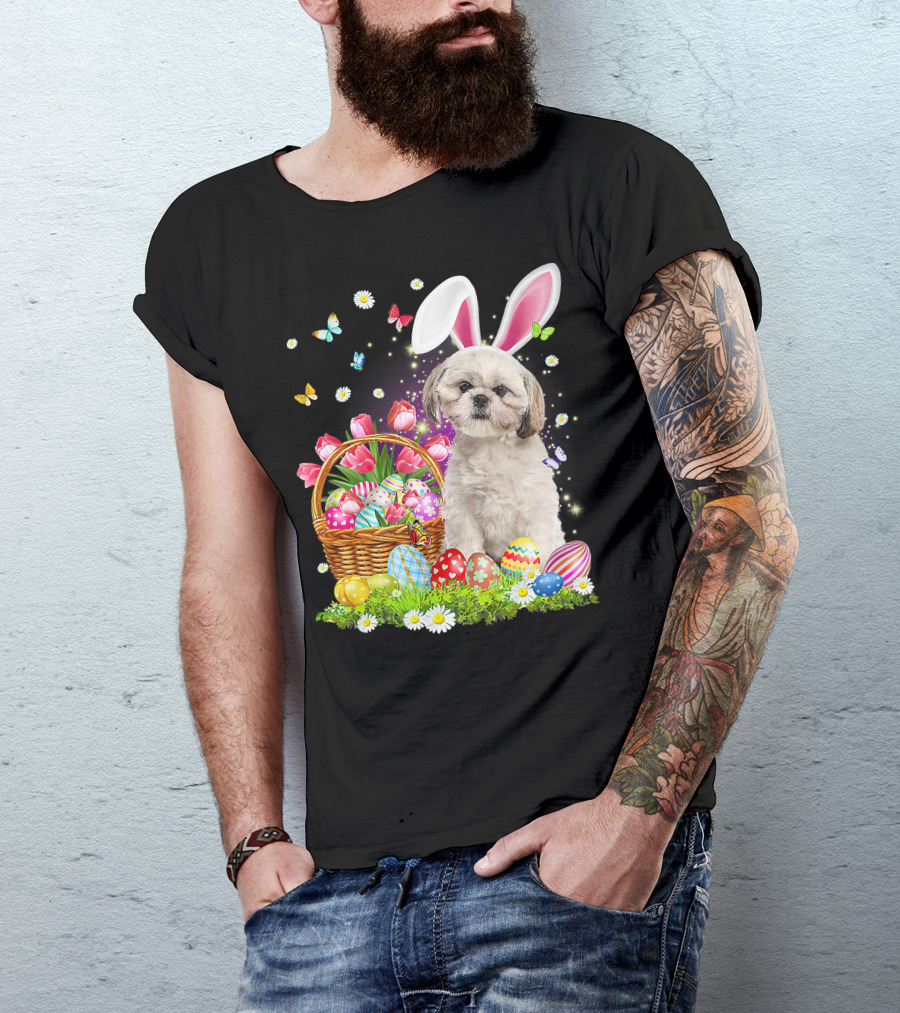 Shih Tzu Bunny Ears With Easter Eggs And Flower Basket T-Shirt