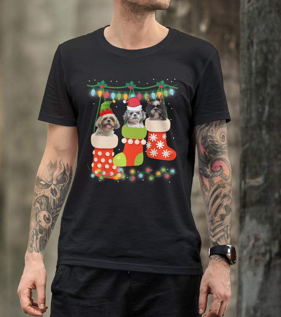 Cute Christmas Shih Tzu In Sock With Santa Hat Reindeer Antlers And Elf Hat T-Shirt