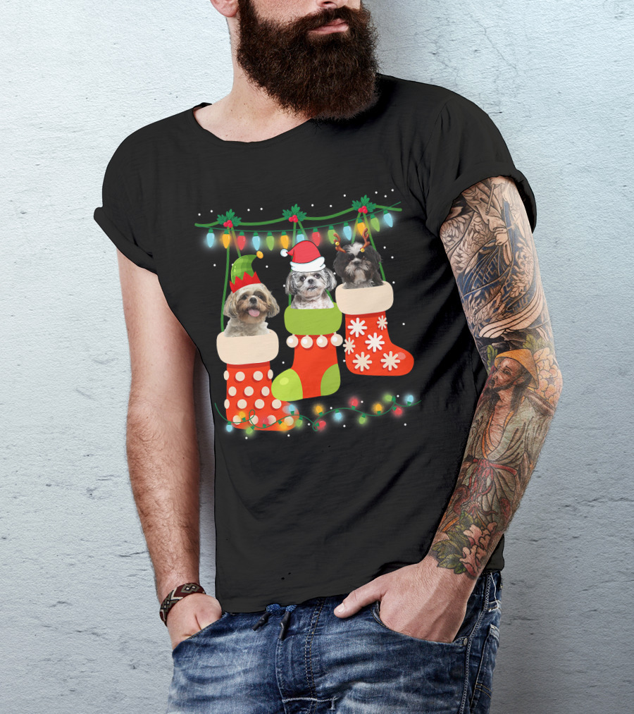 Cute Christmas Shih Tzu In Sock With Santa Hat Reindeer Antlers And Elf Hat T-Shirt