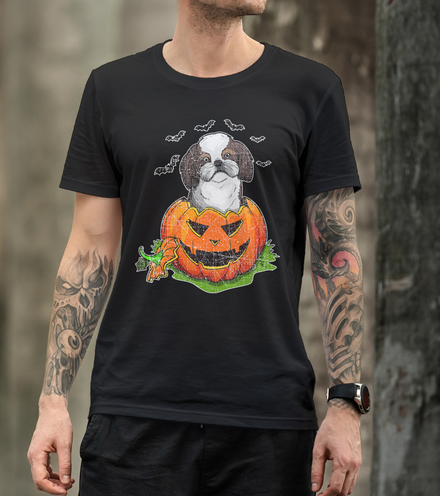 Cute Shih Tzu In Halloween Pumpkin With Bats T-Shirt