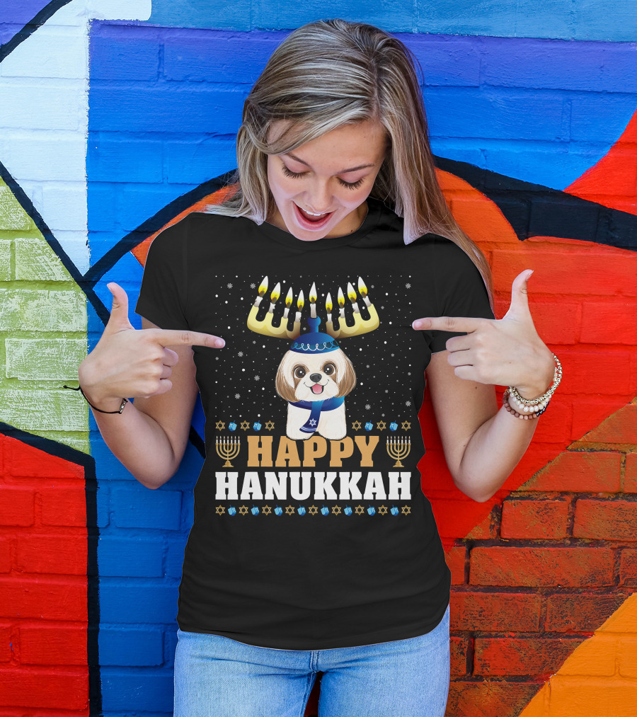 Cute Menorah Chanukah Funny Shih Tzu Happy Hanukkah T-Shirt