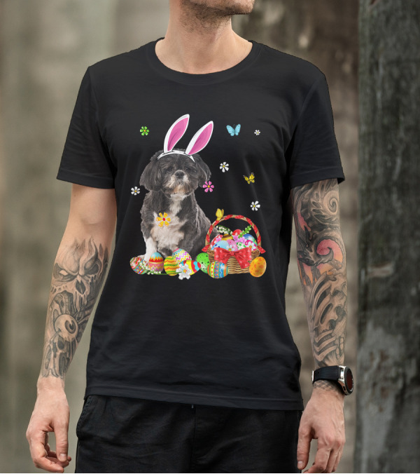 Shih Tzu Happy Easter Dog Lover Bunny Ears And Easter Egg Basket T-Shirt