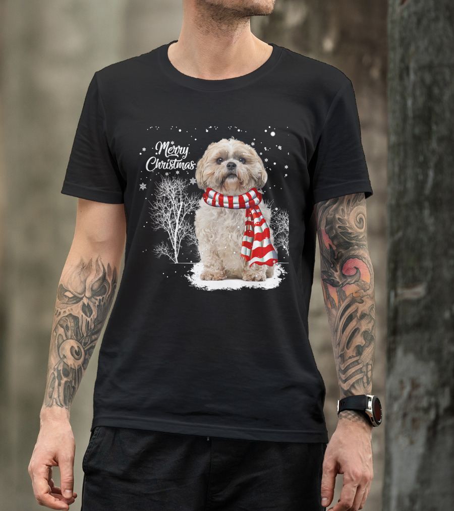 Shih Tzu Christmas Puppy Dog Lover Family Mat With Festive Scarf Snowflakes And Winter Trees T-Shirt