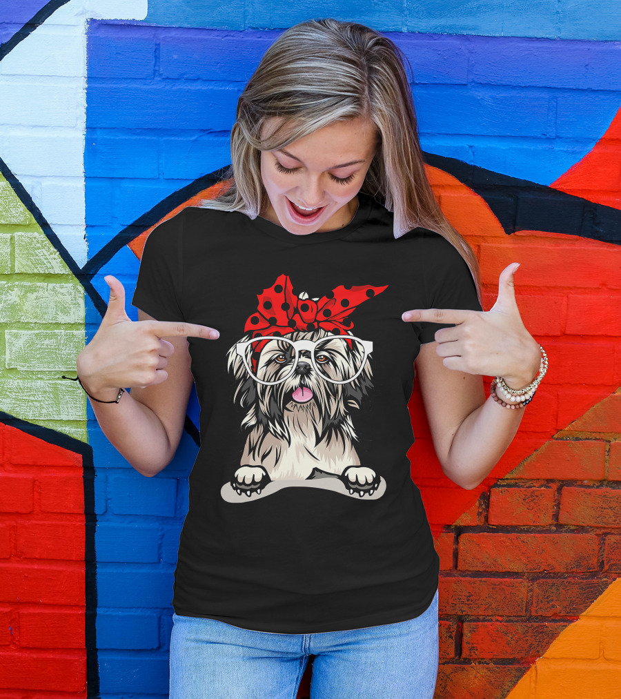 Shih Tzu Christmas Red Plaid Headband And Glasses Holiday T-Shirt