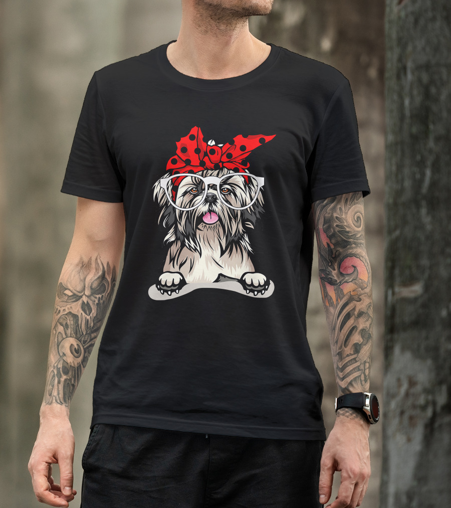 Shih Tzu Christmas Red Plaid Headband And Glasses Holiday T-Shirt