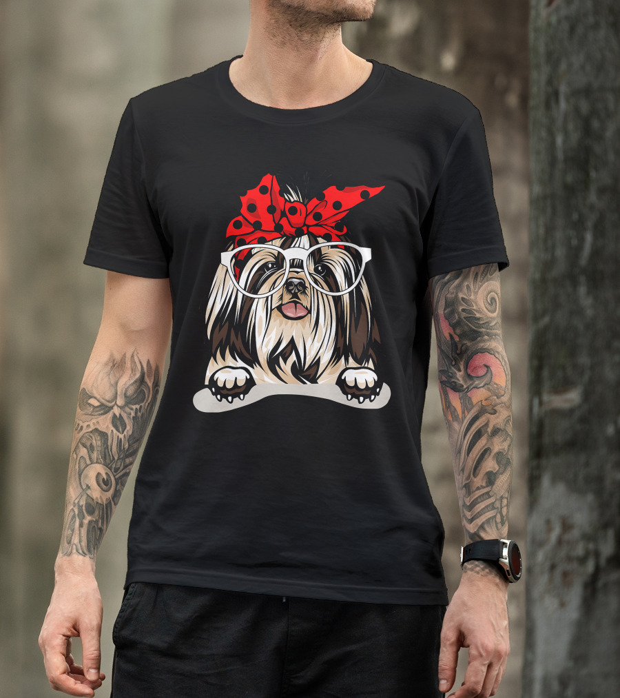 Shih Tzu Christmas Red Plaid Headband Glasses T-Shirt