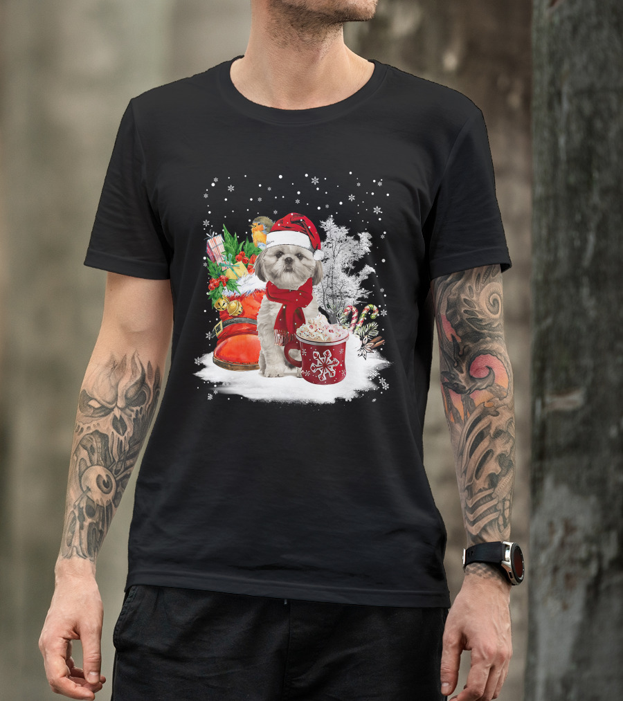 Shih Tzu Dog Santa Hat Hot Cocoa Christmas Scene T-Shirt