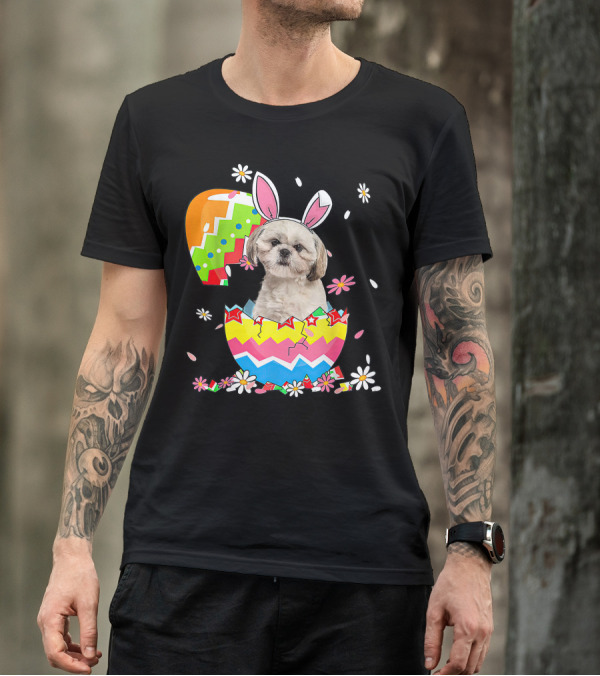 Shih Tzu Dog In Colorful Easter Egg With Bunny Ears And Flowers T-Shirt