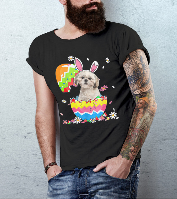 Shih Tzu Dog In Colorful Easter Egg With Bunny Ears And Flowers T-Shirt