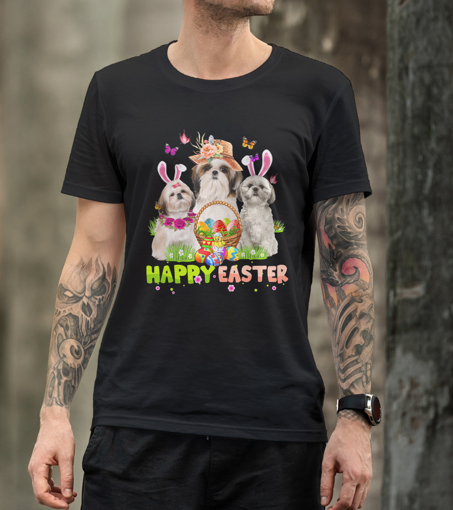 Happy Easter Shih Tzu Bunny Ears Basket Eggs Butterflies Flowers T-Shirt