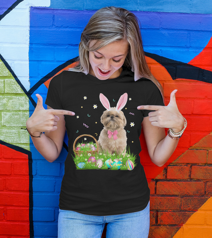 Shih Tzu Easter Day Bunny Ears And Colorful Eggs Easter98 T-Shirt