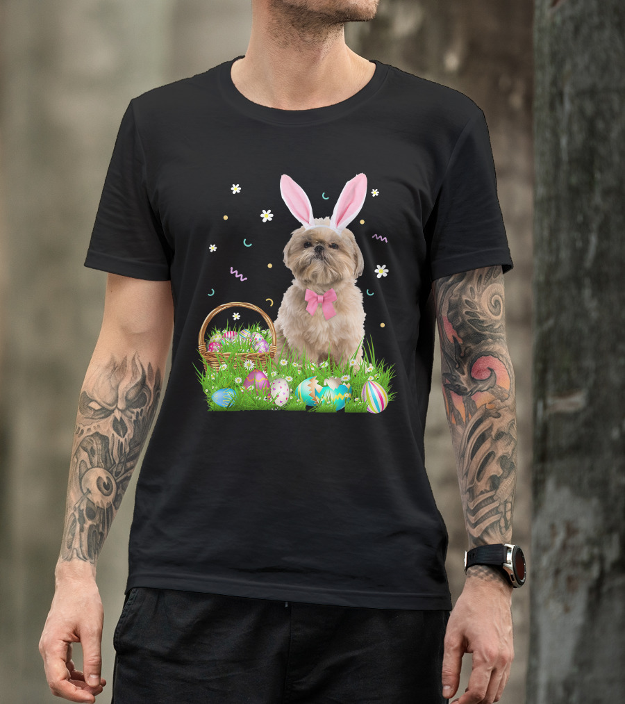 Shih Tzu Easter Day Bunny Ears And Colorful Eggs Easter98 T-Shirt