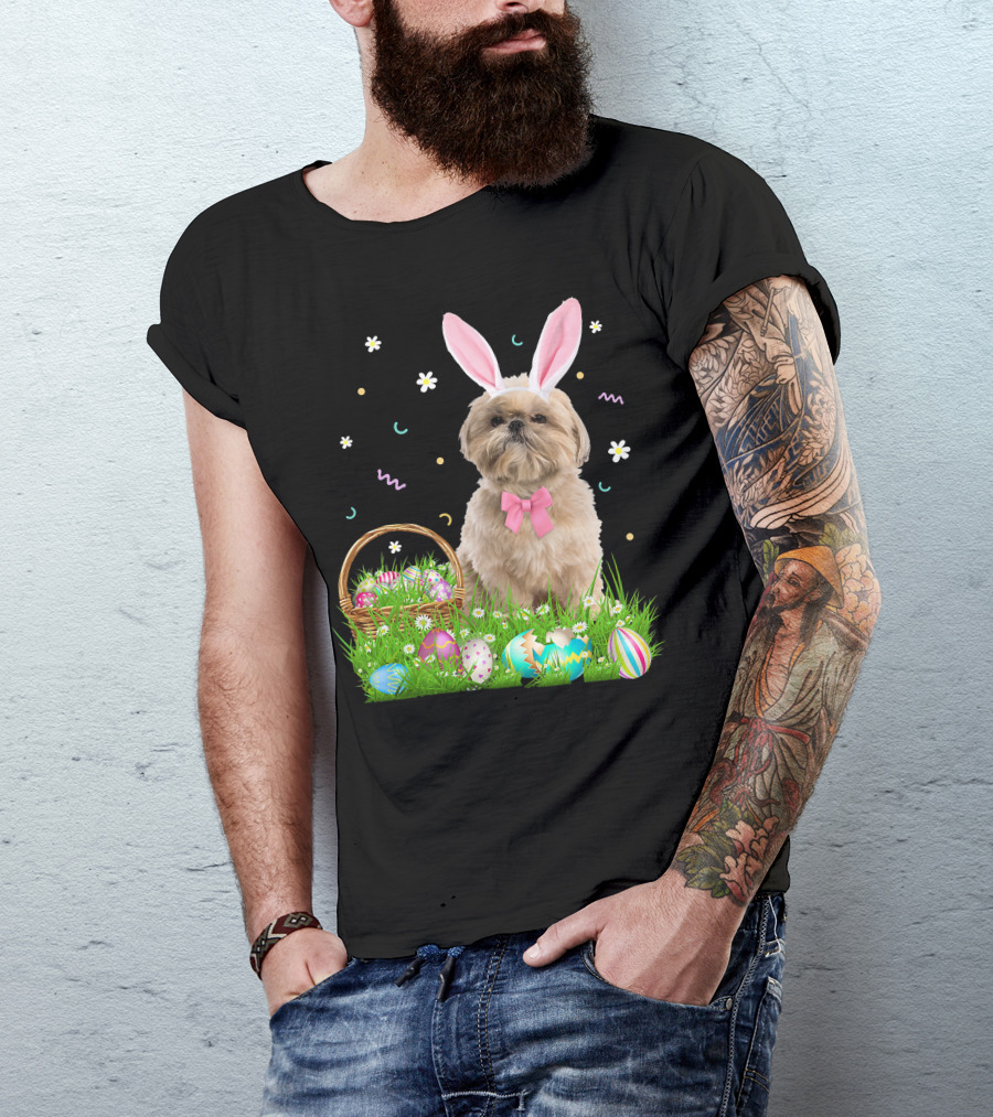 Shih Tzu Easter Day Bunny Ears And Colorful Eggs Easter98 T-Shirt
