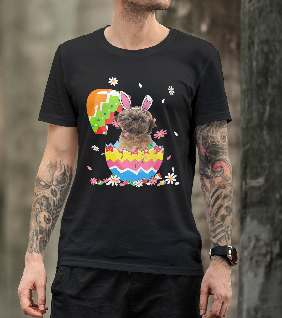 Cute Shih Tzu Easter Day Dog Dad Dog Mom With Bunny Ears And Colorful Egg T-Shirt