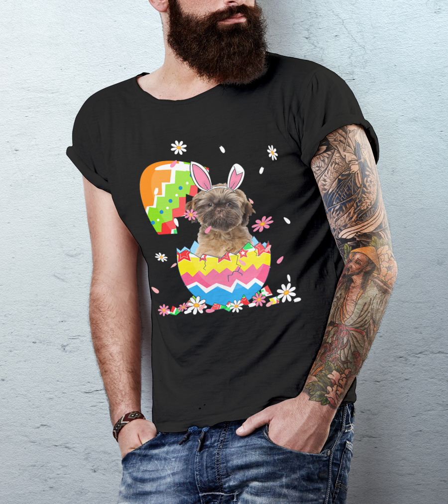 Cute Shih Tzu Easter Day Dog Dad Dog Mom With Bunny Ears And Colorful Egg T-Shirt