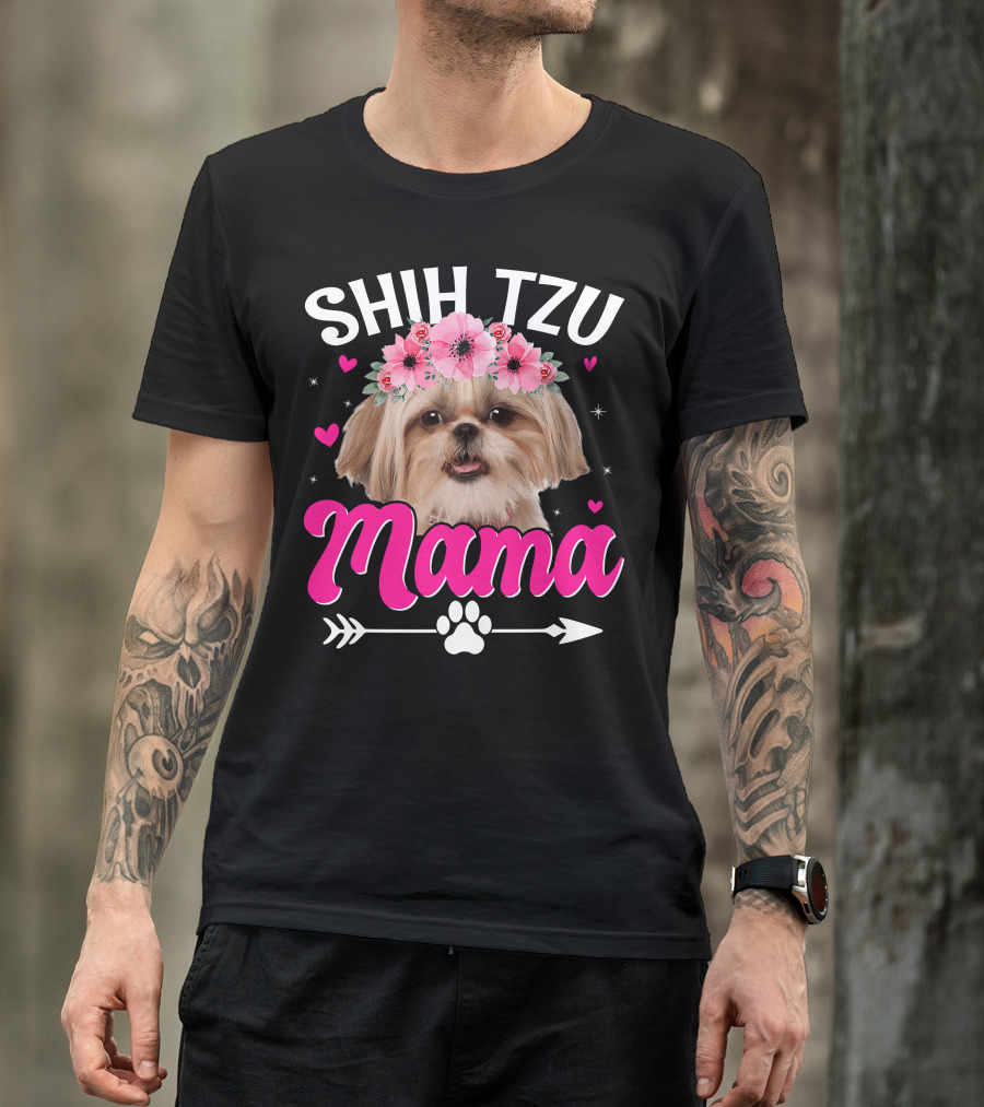 Shih Tzu Mama With Flower Crown Hearts T-Shirt