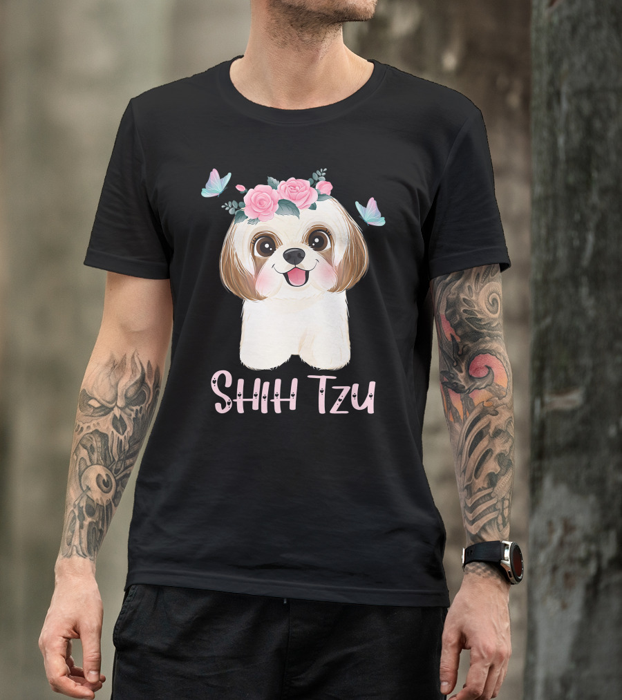 Cute Shih Tzu Mom Dad Mens Dog Lover Ladies Shih Tzu Roses Butterflies T-Shirt